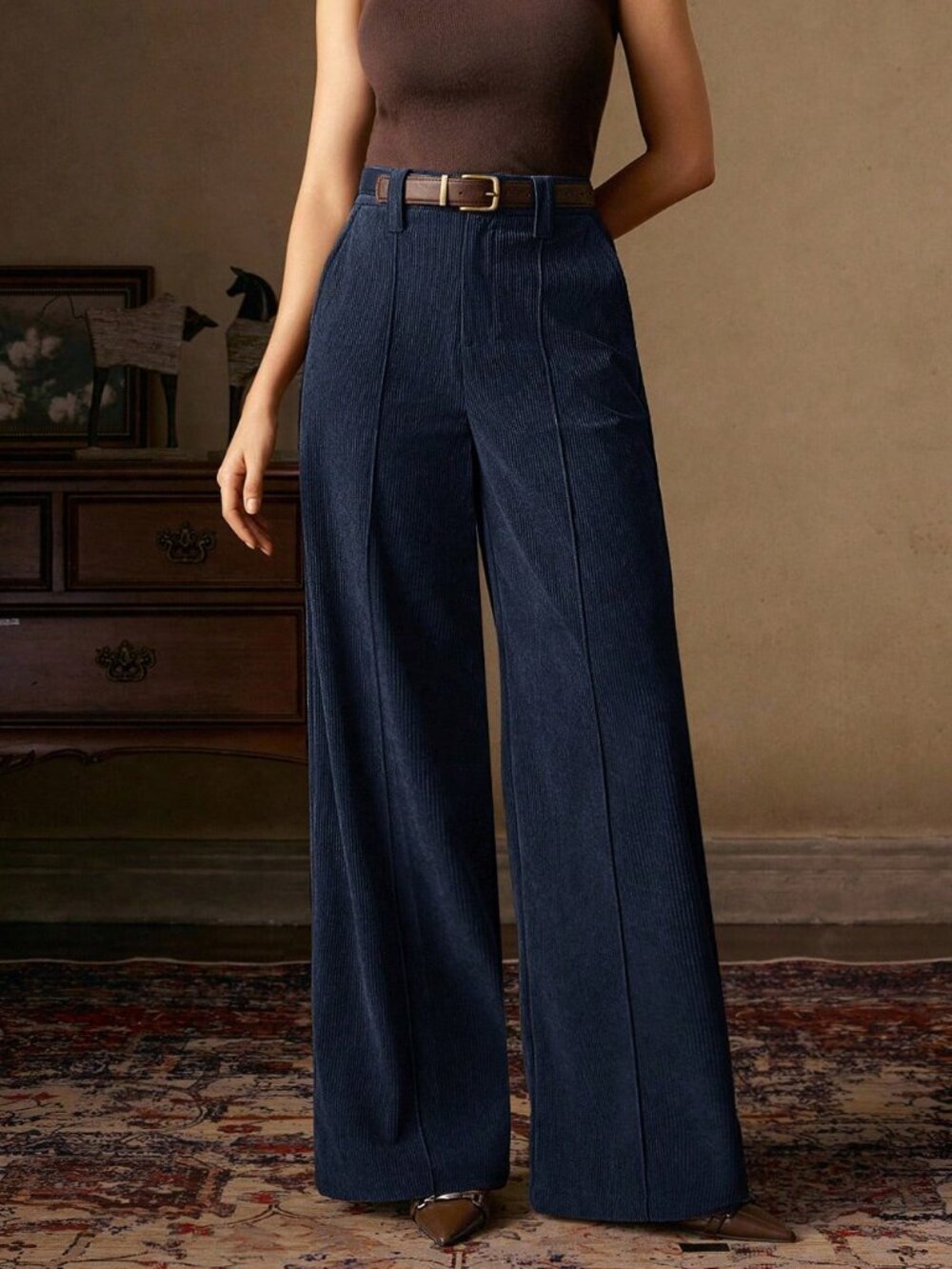 Navy Blue Casual Women's Corduroy Trousers - Picture 5 of 7